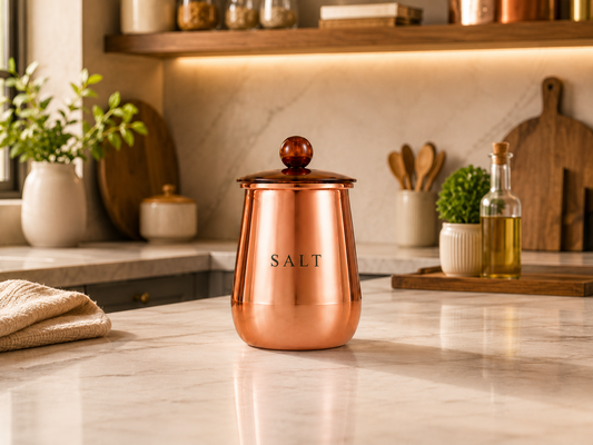 Premium Copper-Finish Metal Salt Storage Container with Decorative Knob Lid for Kitchen