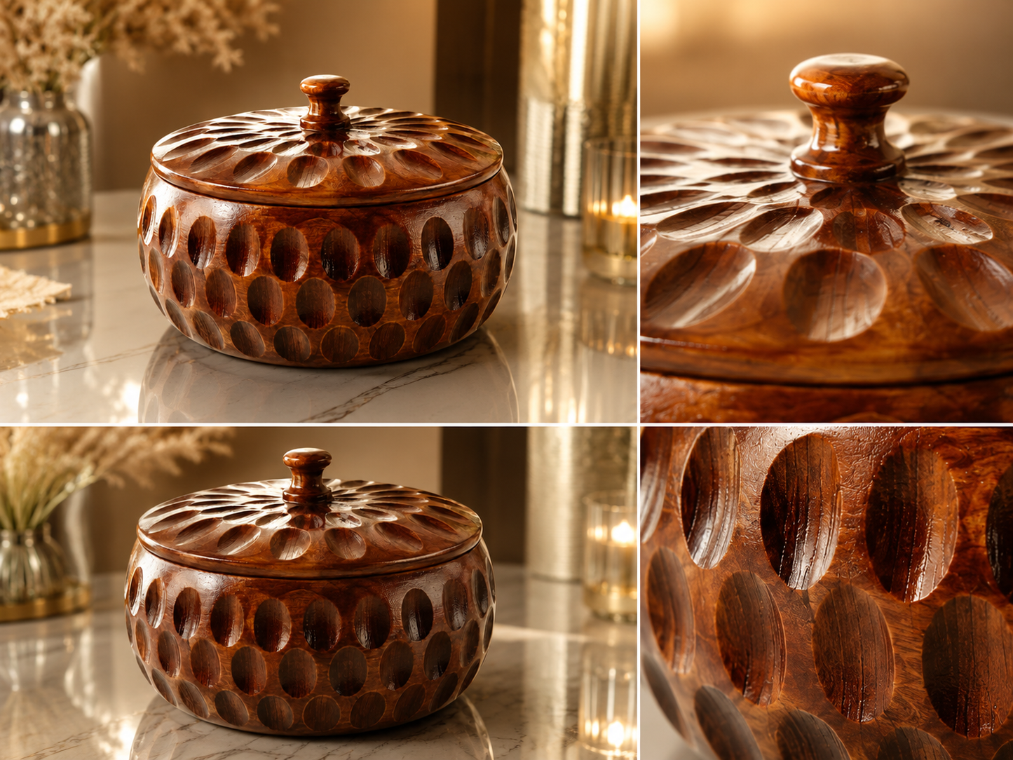 Handcrafted Wooden Roti Box with Lid – Carved Round Chapati Storage Container for Dining Table