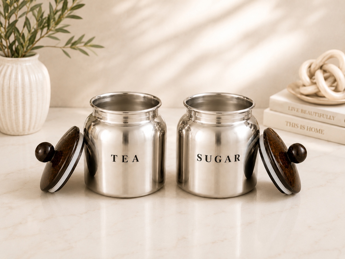Glossy Silver Metal Tea Sugar Container Set with Wooden Look Lids – Premium Kitchen Storage Canisters for Countertop, Pantry & Tea Station