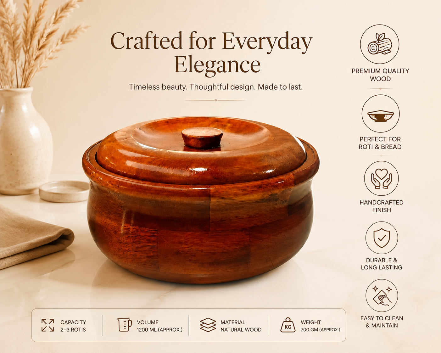 Premium Wooden Roti Box with Lid | Insulated Chapati Storage Box for Kitchen & Dining Table | Traditional Casserole for Roti, Paratha & Puri