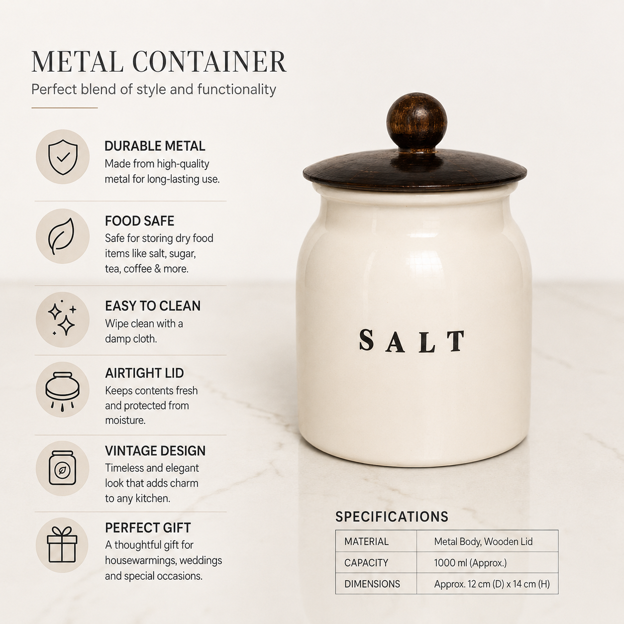 Glossy White Metal Salt Container with Black Lid – Premium Kitchen Salt Storage Canister for Countertop, Pantry & Spice Storage
