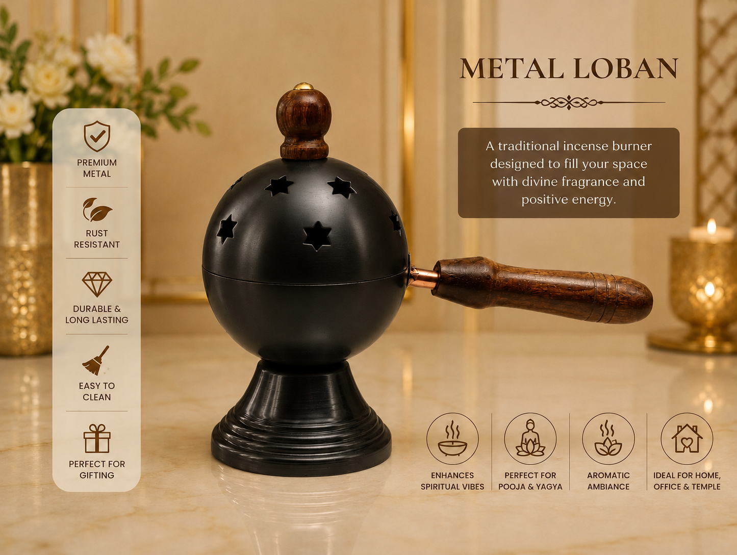 Matte Black Metal Loban Burner with Wooden Handle