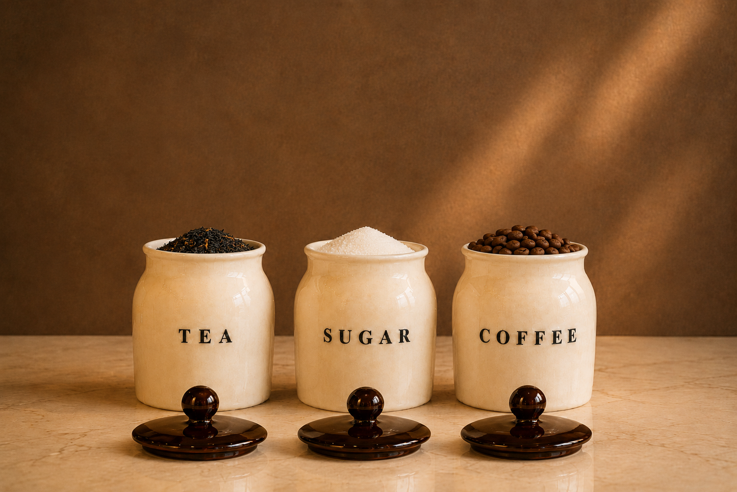 Metal Tea Sugar Coffee Container Set with Black Lids – Premium Kitchen Storage Canisters for Countertop, Pantry & Tea Coffee Station