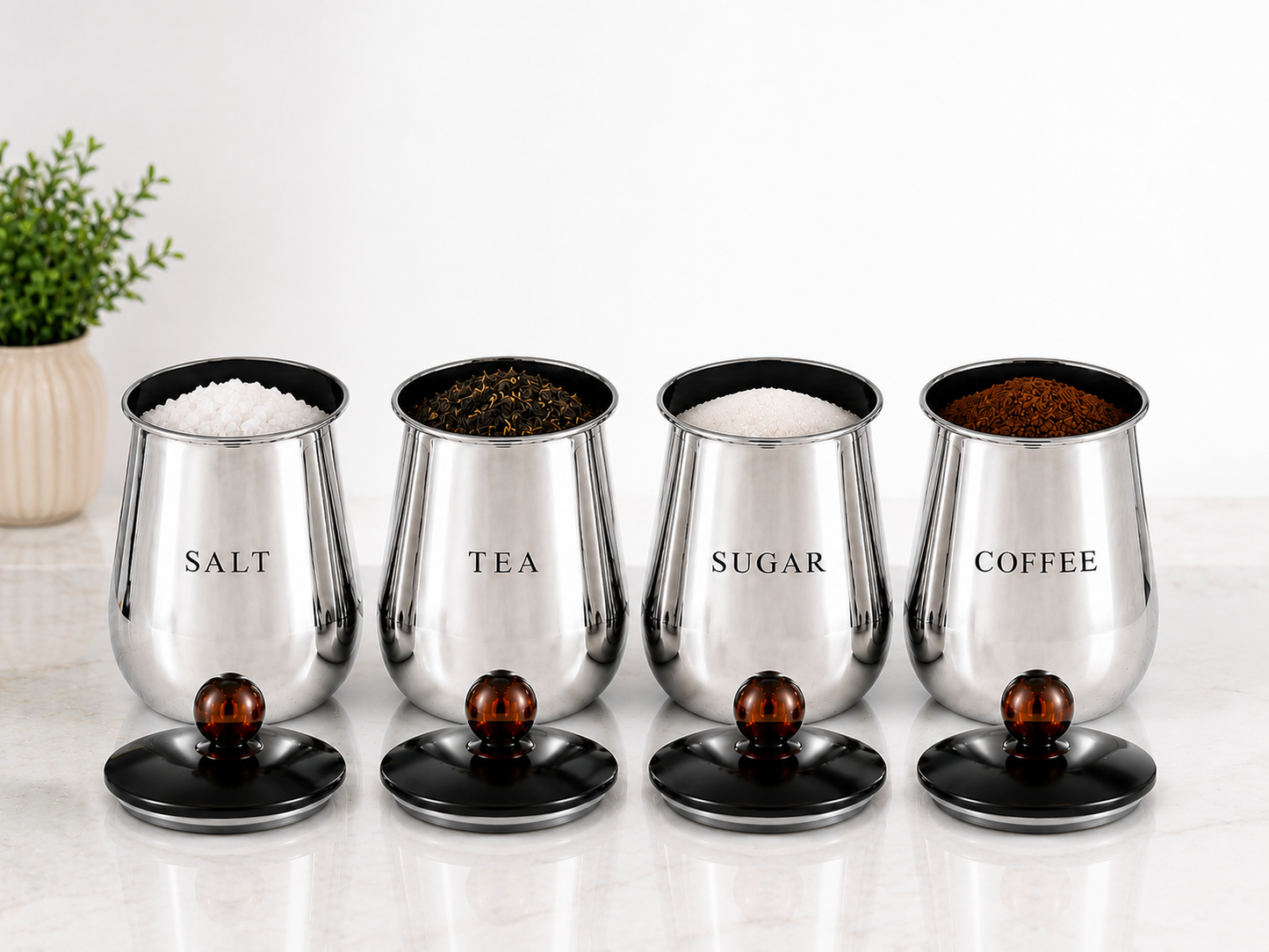 Premium Silver Salt Tea Sugar Coffee Storage Containers with Lids – Set of 4