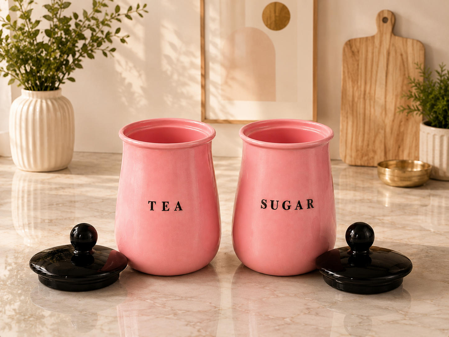 Pink Metal Tea Sugar Container Set with Black Lids – Stylish Kitchen Storage Canisters for Countertop, Pantry & Tea Station