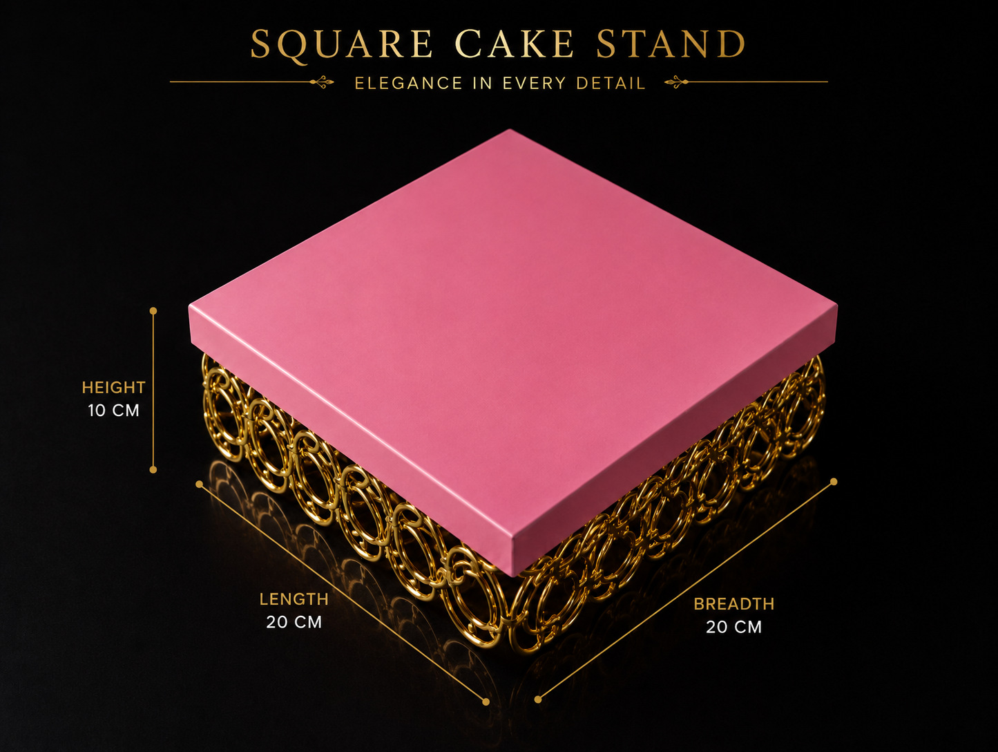 Pink Square Metal Cake Stand with Golden Ring Base – Premium Dessert Display Stand for Cake, Cupcakes, Sweets, Party & Table Decor