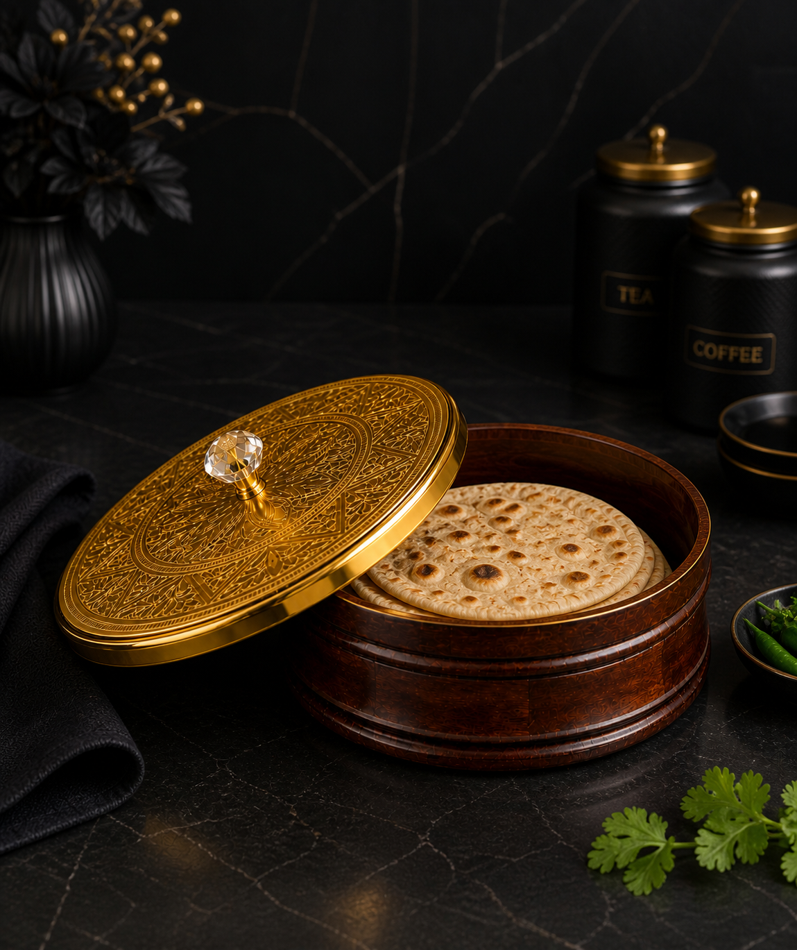 Luxury Designer Roti Box with Decorative Golden Lid | Premium Wooden Chapati Storage Container for Kitchen & Dining Table | Insulated Bread Keeper and Elegant Indian Serveware for Fresh Rotis