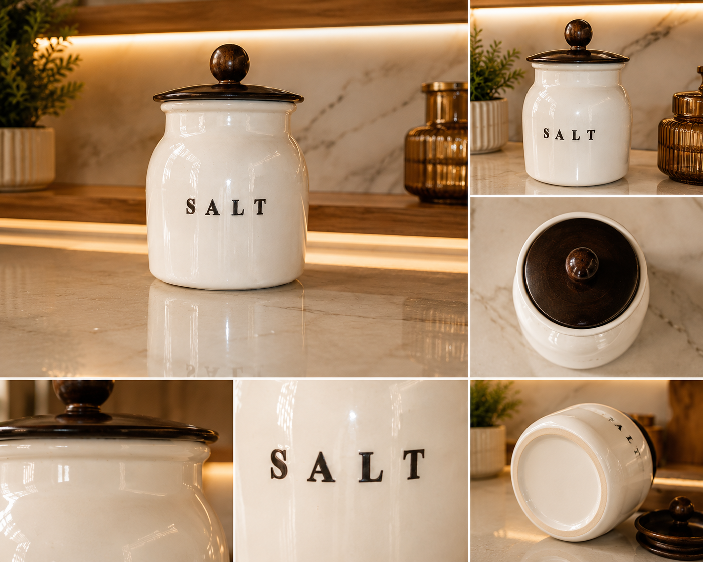 Glossy White Metal Salt Container with Black Lid – Premium Kitchen Salt Storage Canister for Countertop, Pantry & Spice Storage