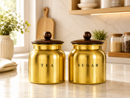 Glossy Gold Metal Tea Sugar Canister Set with Wooden-Style Lids – Premium 2 Piece Kitchen Storage for Countertop, Pantry & Tea Station