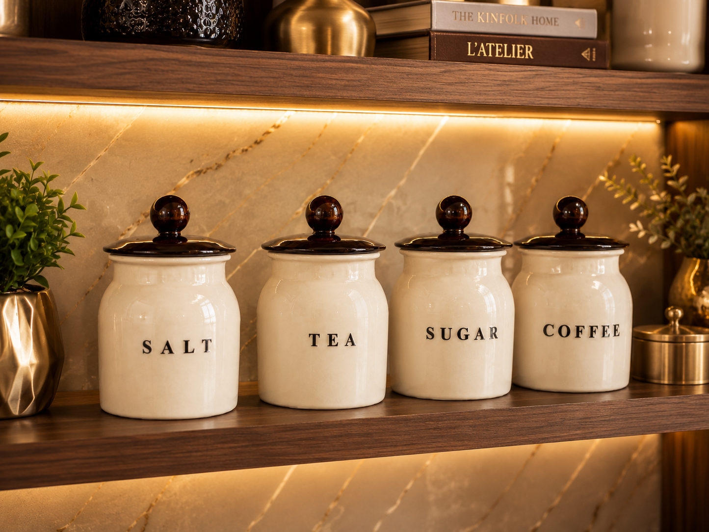 Glossy White Metal Salt Tea Sugar Coffee Container Set with Black Lids – 4 Piece Kitchen Storage Canisters for Pantry, Shelf & Countertop