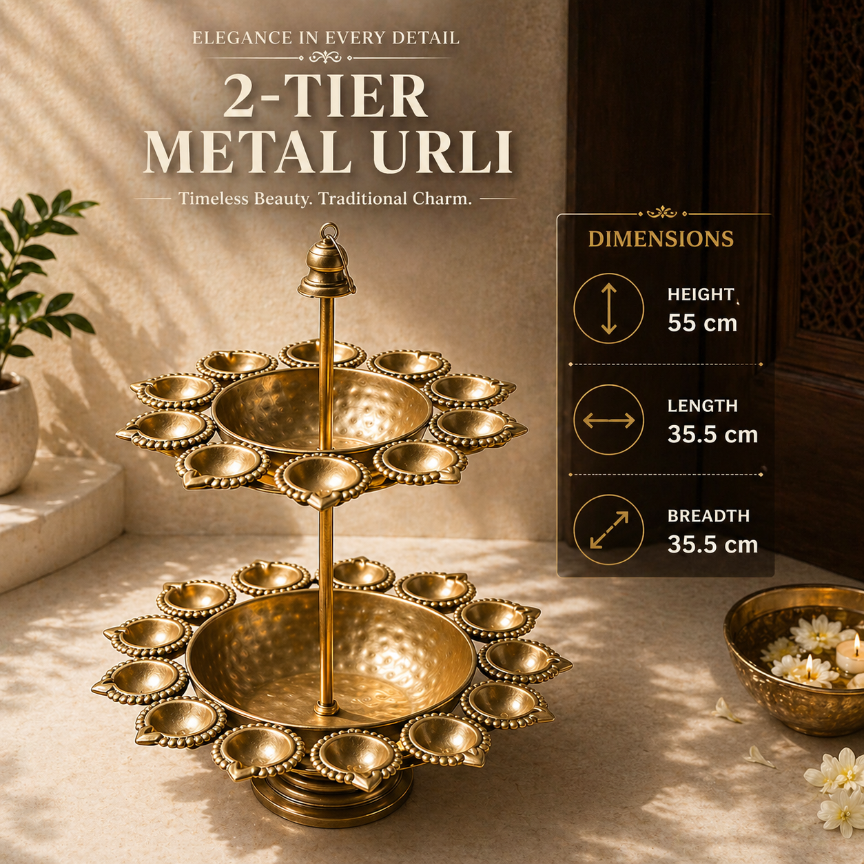 Metal Urli with Multi Diyas – Luxury Two Layer Urli Stand for Diwali, Pooja & Festive Home Decoration, Decorative Metal Urli Centerpiece with Gold Finish for Mandir & Table Decor