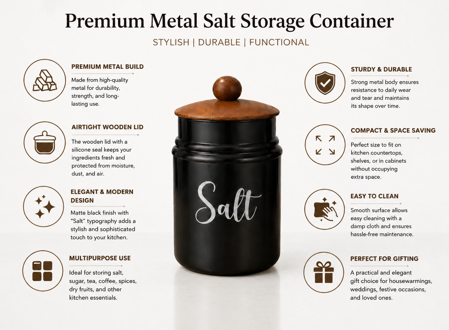 Black Metal Kitchen Storage Container with Wooden Lid | Salt Jar Canister | Airtight Spice Storage Box | Modern Countertop Organizer | Stylish Kitchen Decor