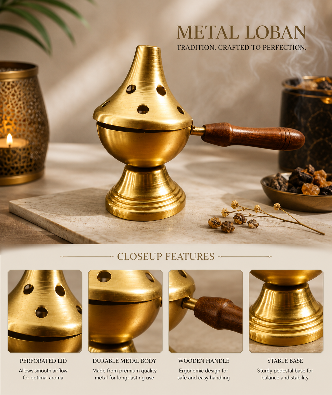 Metal Loban Burner with Wooden Handle for Puja