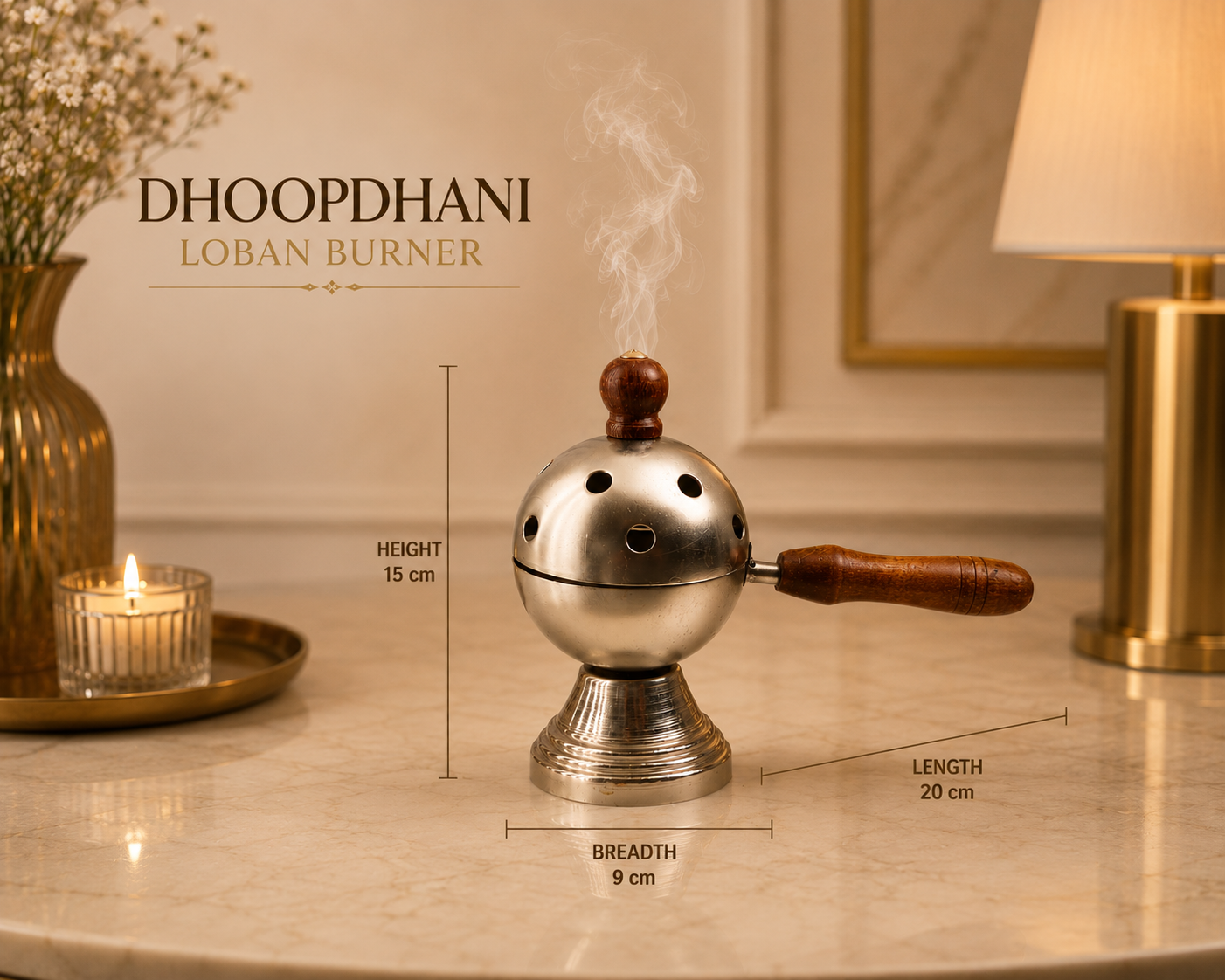 Round Metal Loban Burner with Wooden Handle