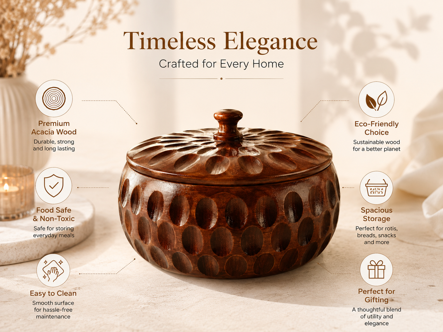 Handcrafted Wooden Roti Box with Lid – Carved Round Chapati Storage Container for Dining Table