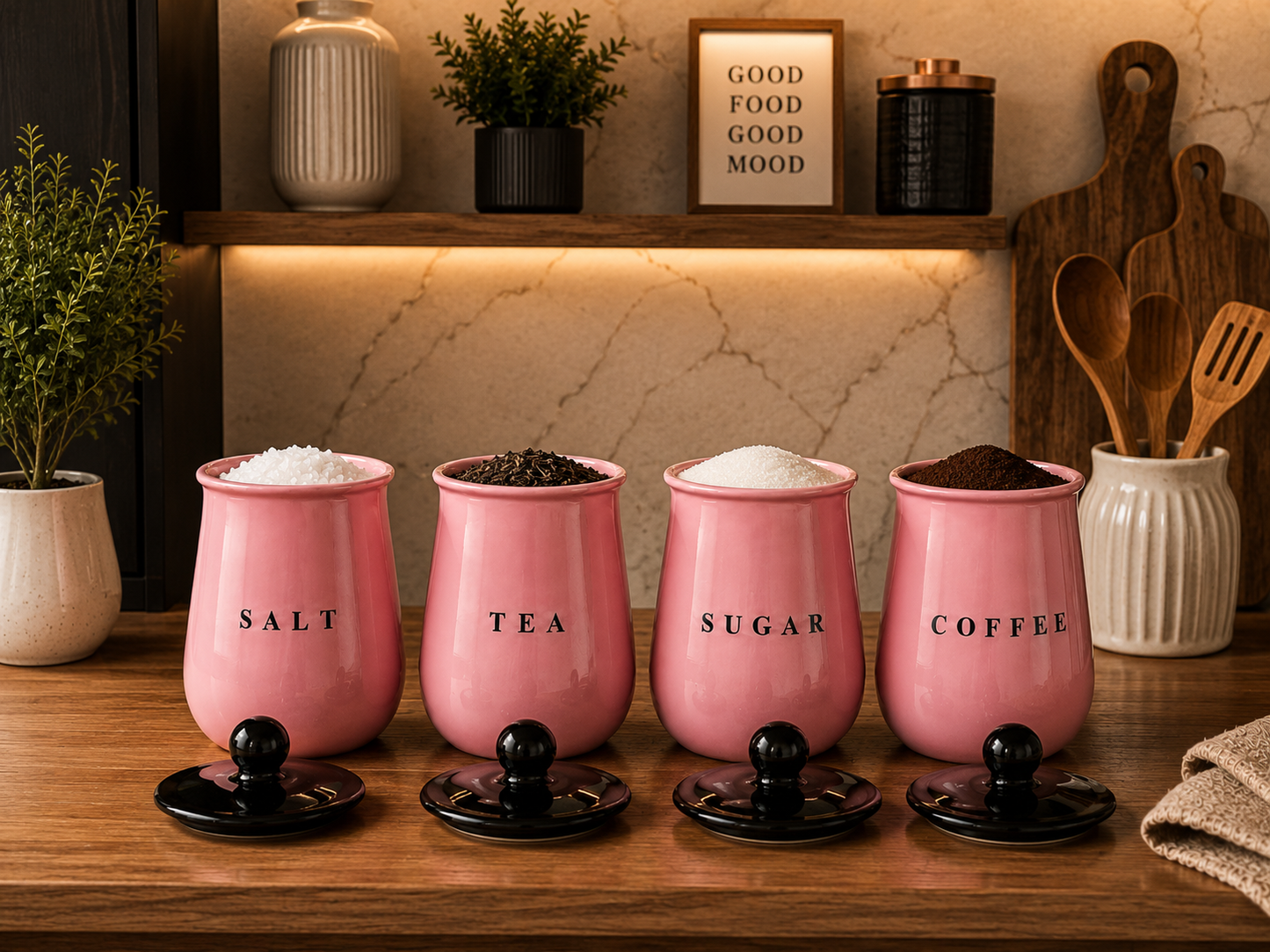 Glossy Pink Metal Salt Tea Sugar Coffee Container Set with Black Lids – 4 Piece Kitchen Storage Canisters for Countertop, Pantry & Tea Coffee Station