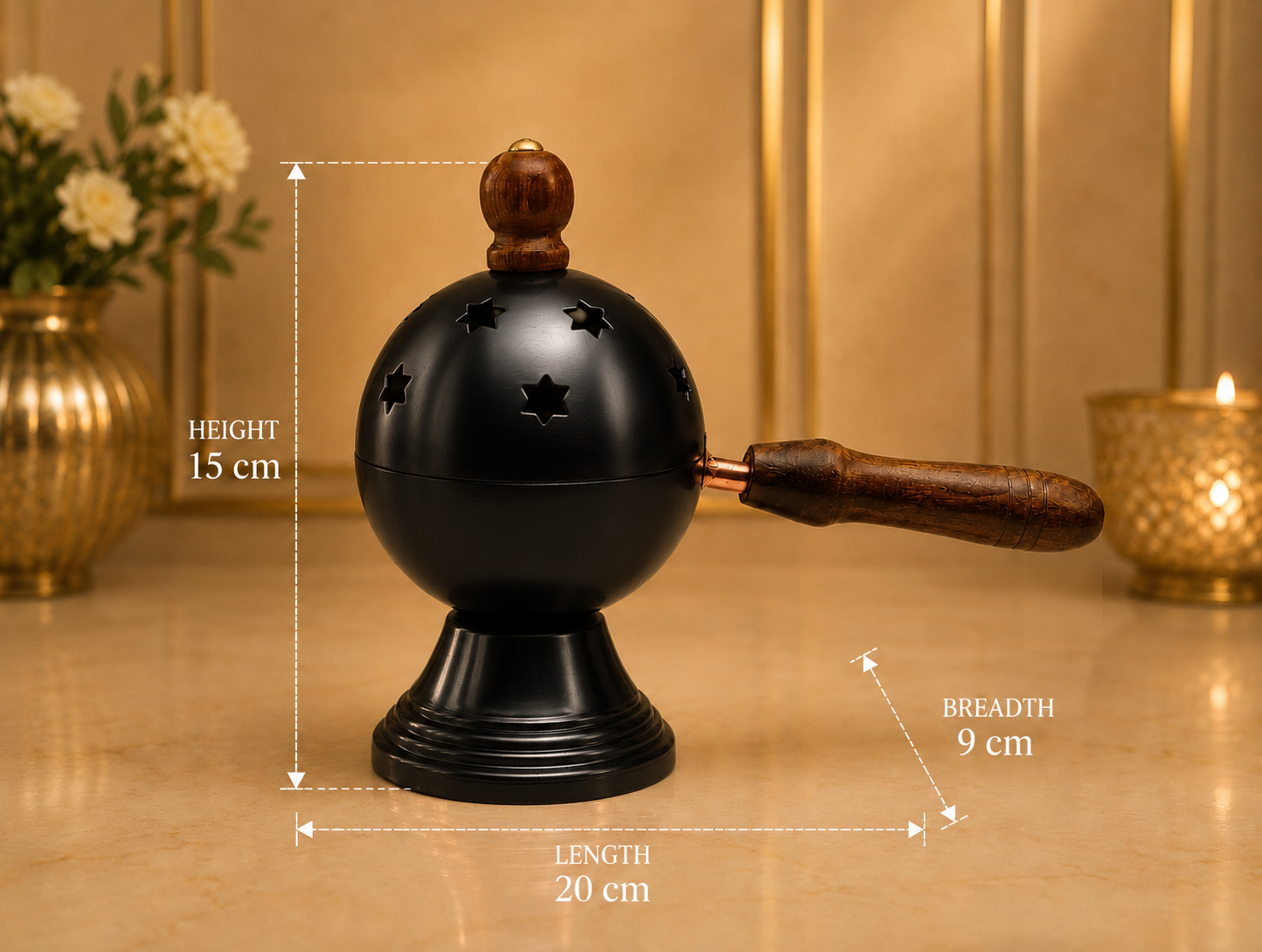 Matte Black Metal Loban Burner with Wooden Handle
