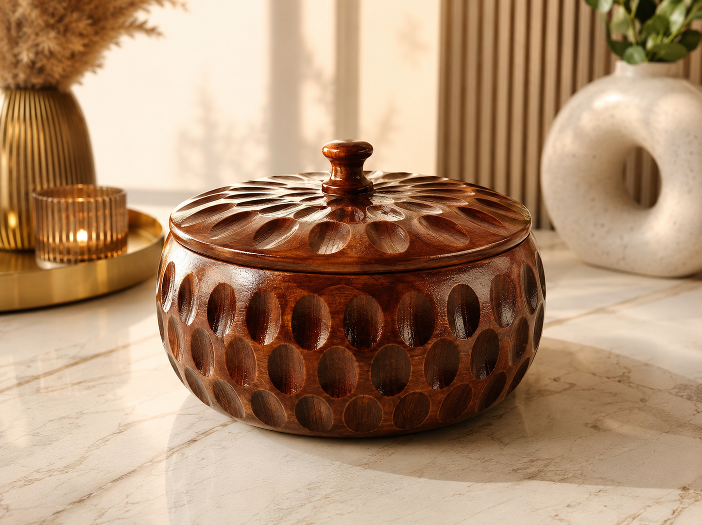 Handcrafted Wooden Roti Box with Lid – Carved Round Chapati Storage Container for Dining Table