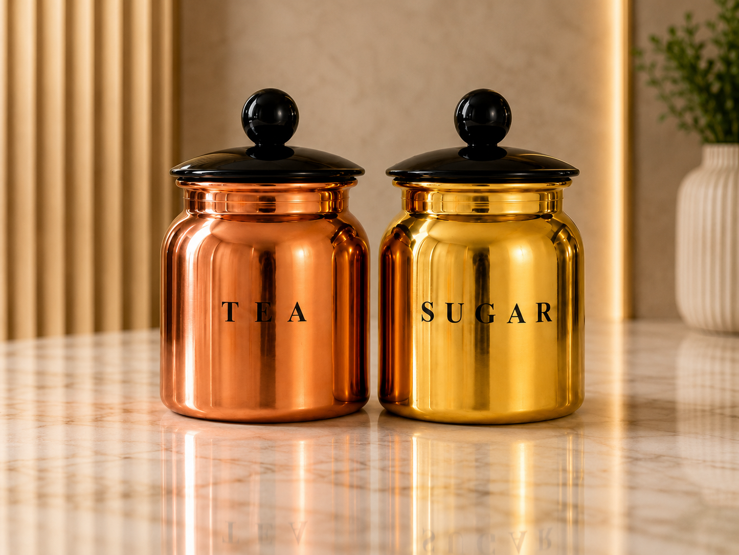 Metal Multi  Tea Sugar Container Set with Black Lids – Premium 2 Piece Kitchen Storage Canisters for Countertop, Pantry & Tea Station