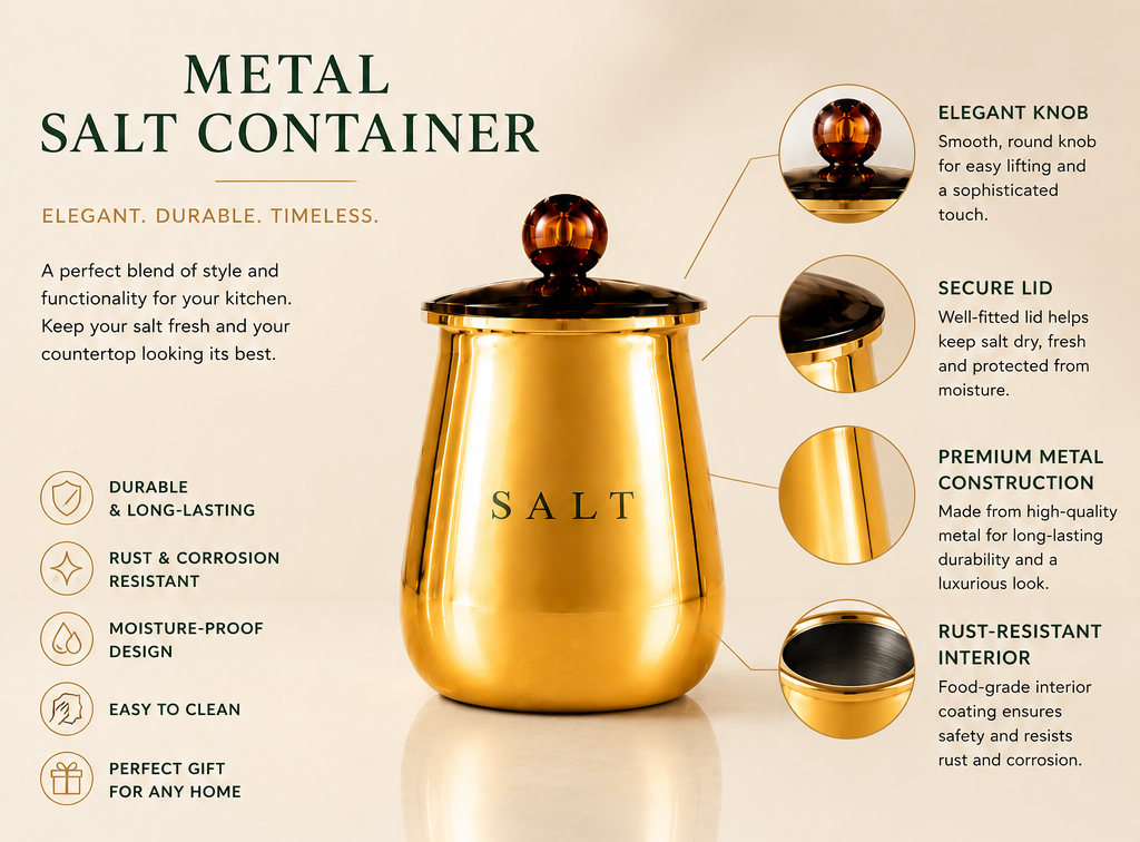 Premium Gold Metal Salt Storage Container with Decorative Knob Lid for Kitchen Counter