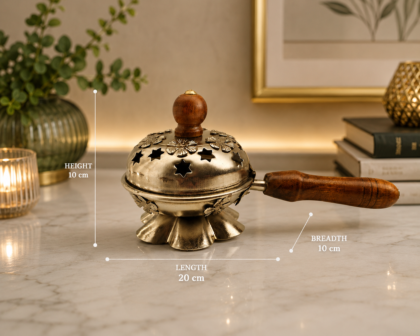 Floral Lid Metal Loban Burner with Wooden Handle