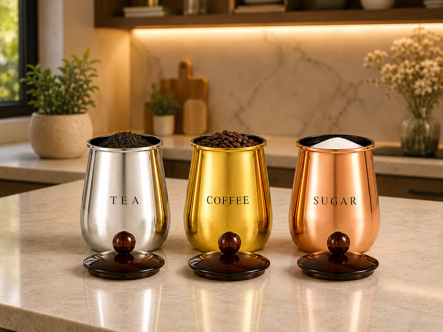 Premium Multi-Finish Metal Tea Coffee Sugar Container Set of 3 with Decorative Knob Lids