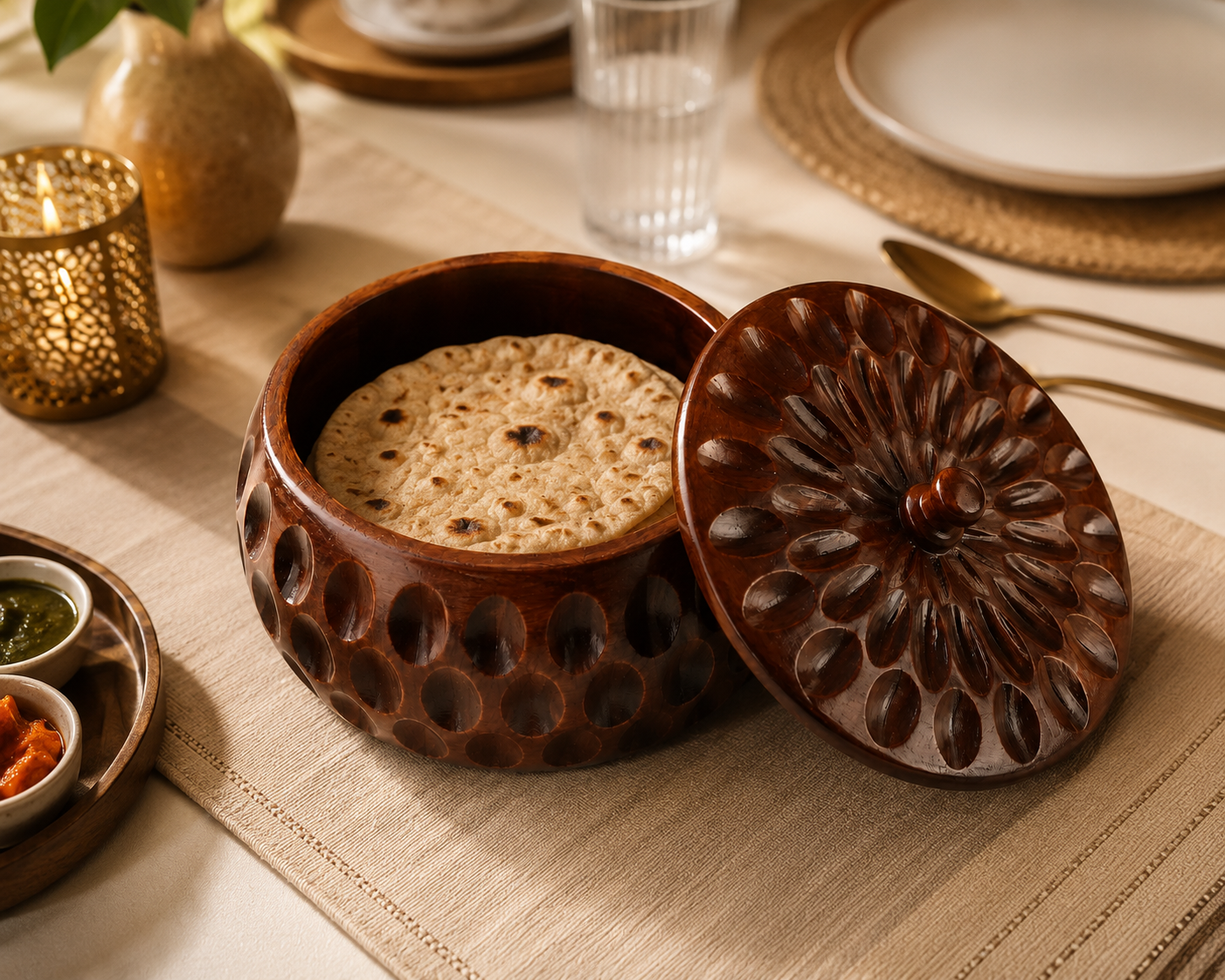 Handcrafted Wooden Roti Box with Lid – Carved Round Chapati Storage Container for Dining Table