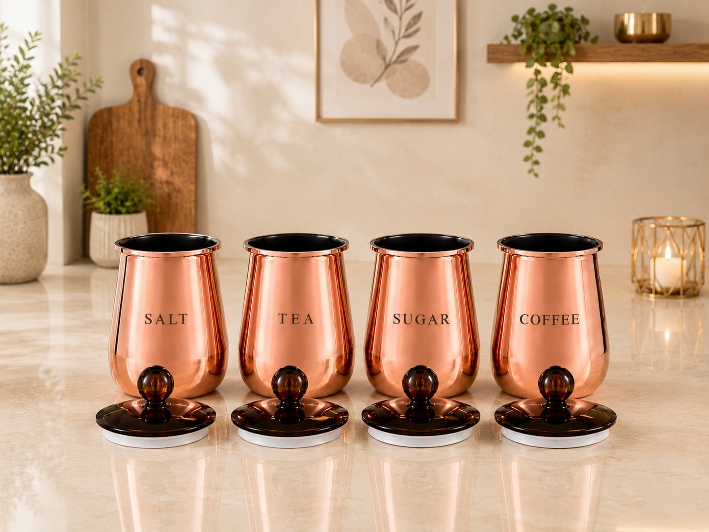 Premium Rose Gold Salt Tea Sugar Coffee Storage Containers with Lids – Set of 4