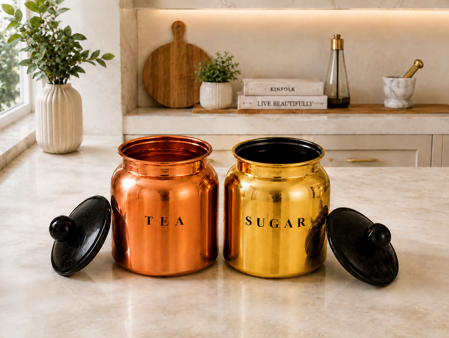 Metal Multi  Tea Sugar Container Set with Black Lids – Premium 2 Piece Kitchen Storage Canisters for Countertop, Pantry & Tea Station