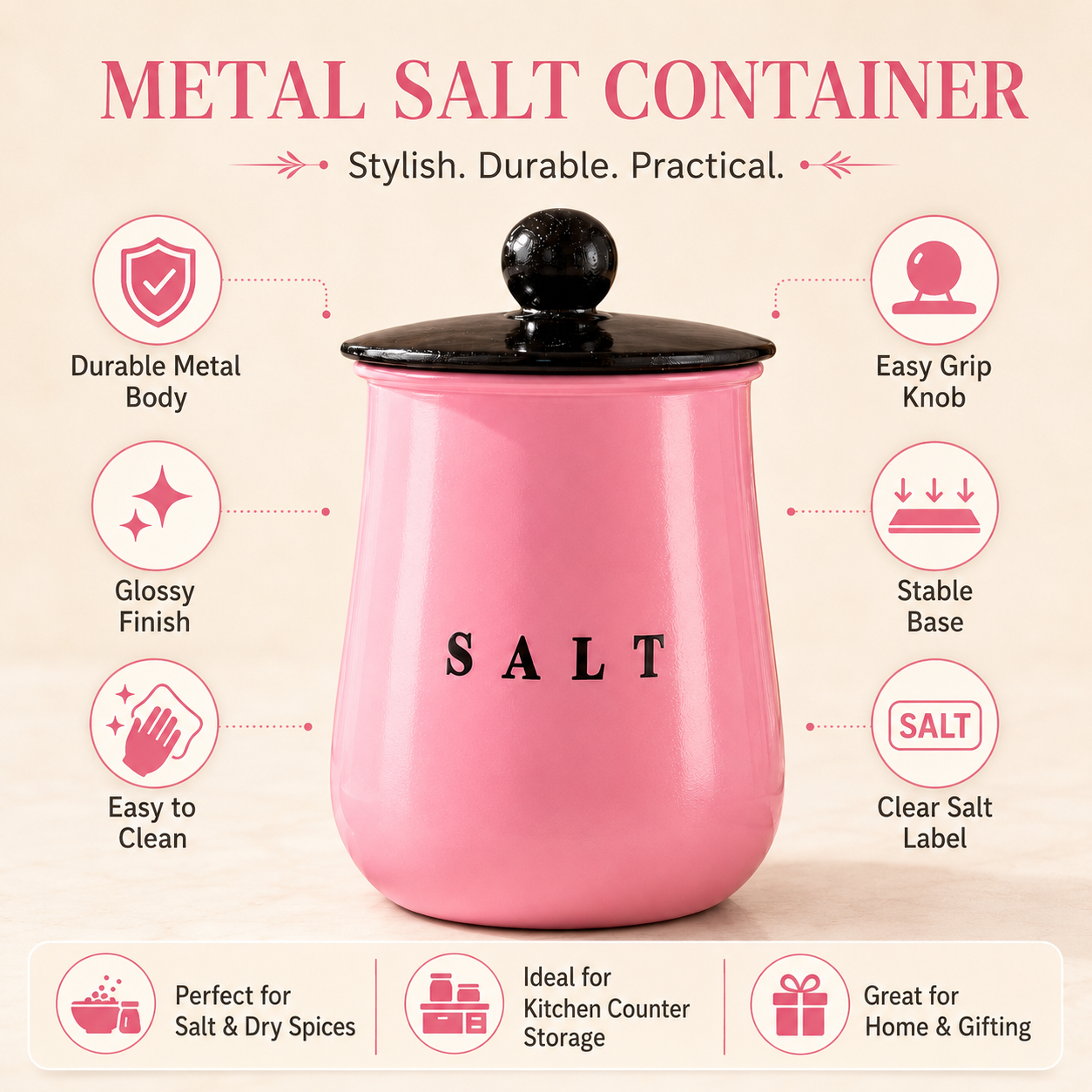 Glossy Pink Metal Salt Container with Black Lid – Stylish Kitchen Countertop Salt Storage Canister for Pantry, Spices & Masala