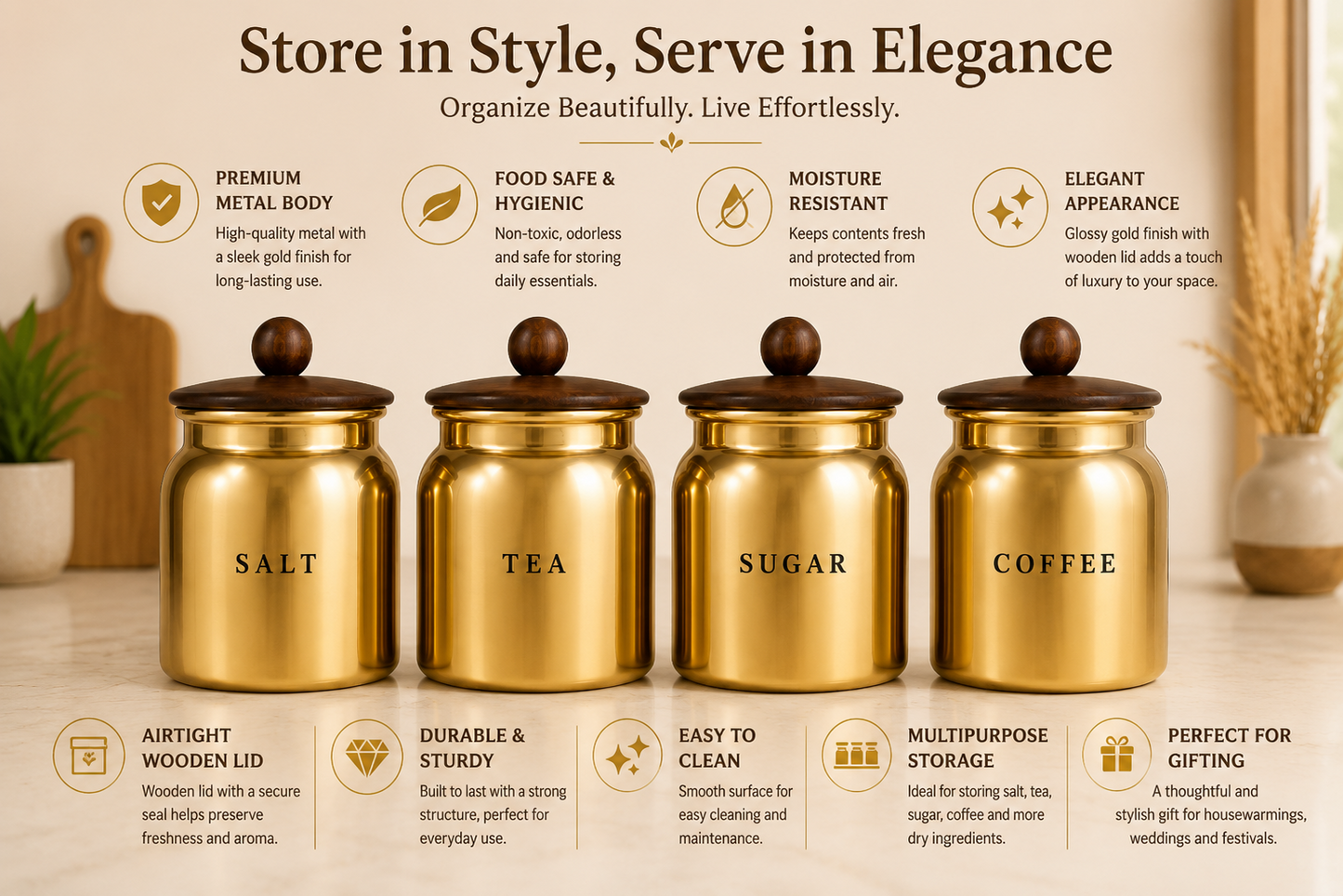 Gold Metal Salt Tea Sugar Coffee Canister Set with Wooden-Style Lids – Premium 4 Piece Kitchen Storage for Pantry, Countertop & Coffee Bar