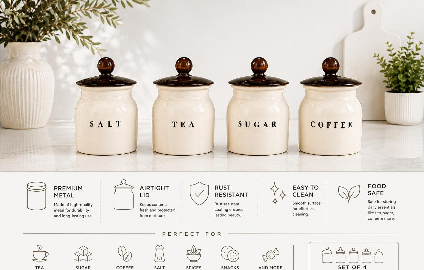 Glossy White Metal Salt Tea Sugar Coffee Container Set with Black Lids – 4 Piece Kitchen Storage Canisters for Pantry, Shelf & Countertop
