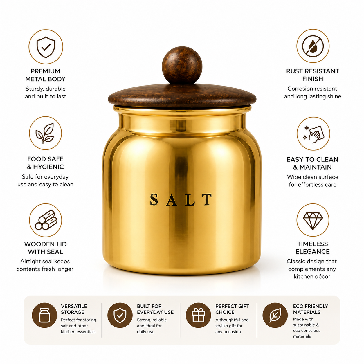 Premium Gold Metal Salt Canister with Wooden-Style Lid – Luxury Kitchen Storage Container for Countertop, Pantry, Spices & Dry Food