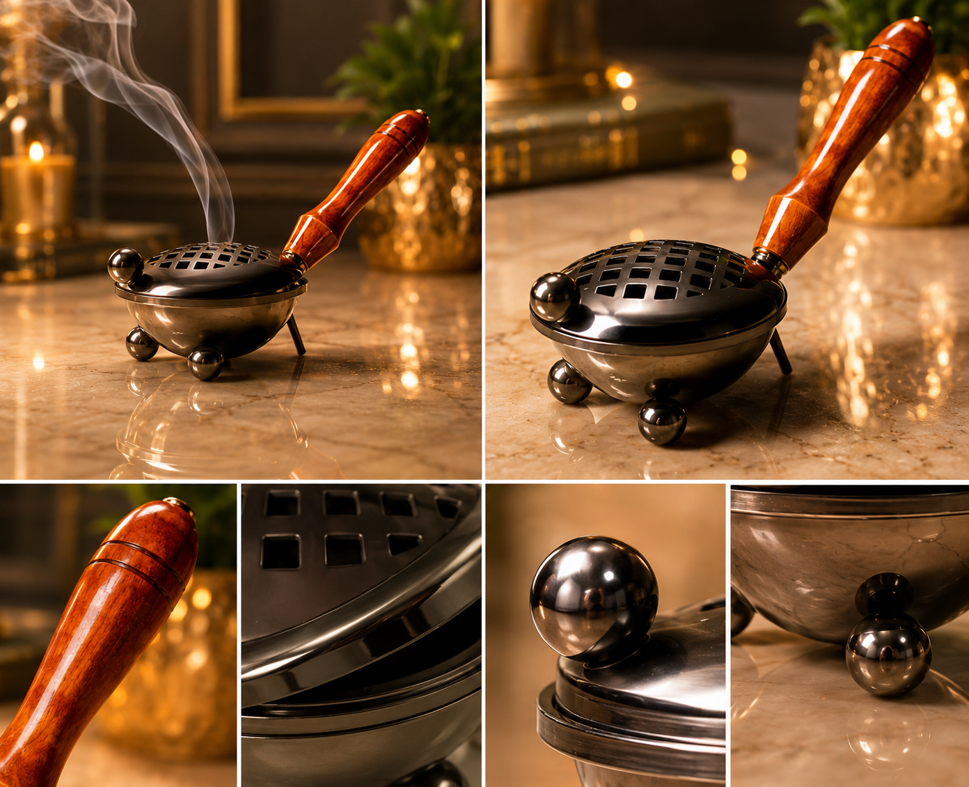 Metal Incense Burner with Wooden Handle | Stylish Loban, Bakhoor & Dhoop Holder for Home Décor, Mandir & Meditation Space