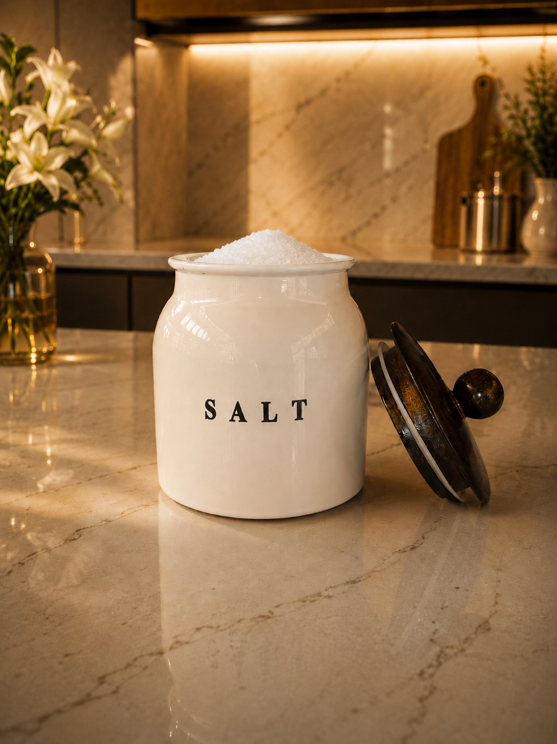 Glossy White Metal Salt Container with Black Lid – Premium Kitchen Salt Storage Canister for Countertop, Pantry & Spice Storage