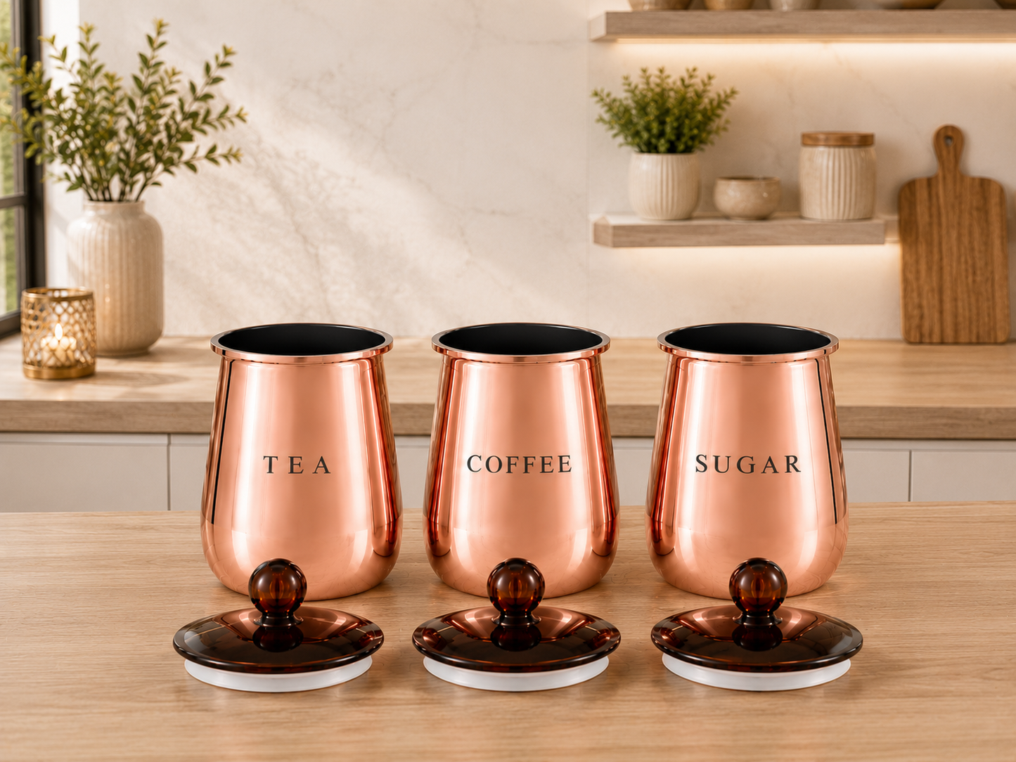 Premium Copper-Finish Metal Tea Coffee Sugar Storage Container Set of 3 with Decorative Knob Lids