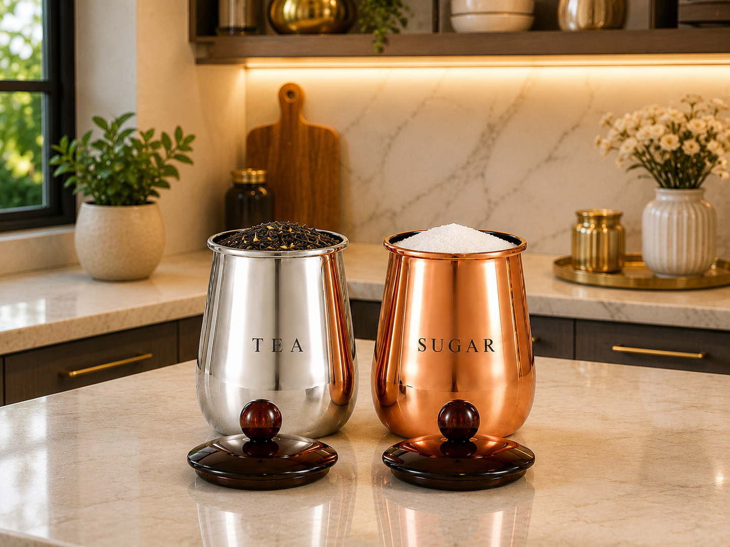 Premium Silver and Copper-Finish Metal Tea Sugar Storage Container Set of 2 with Decorative Knob Lids