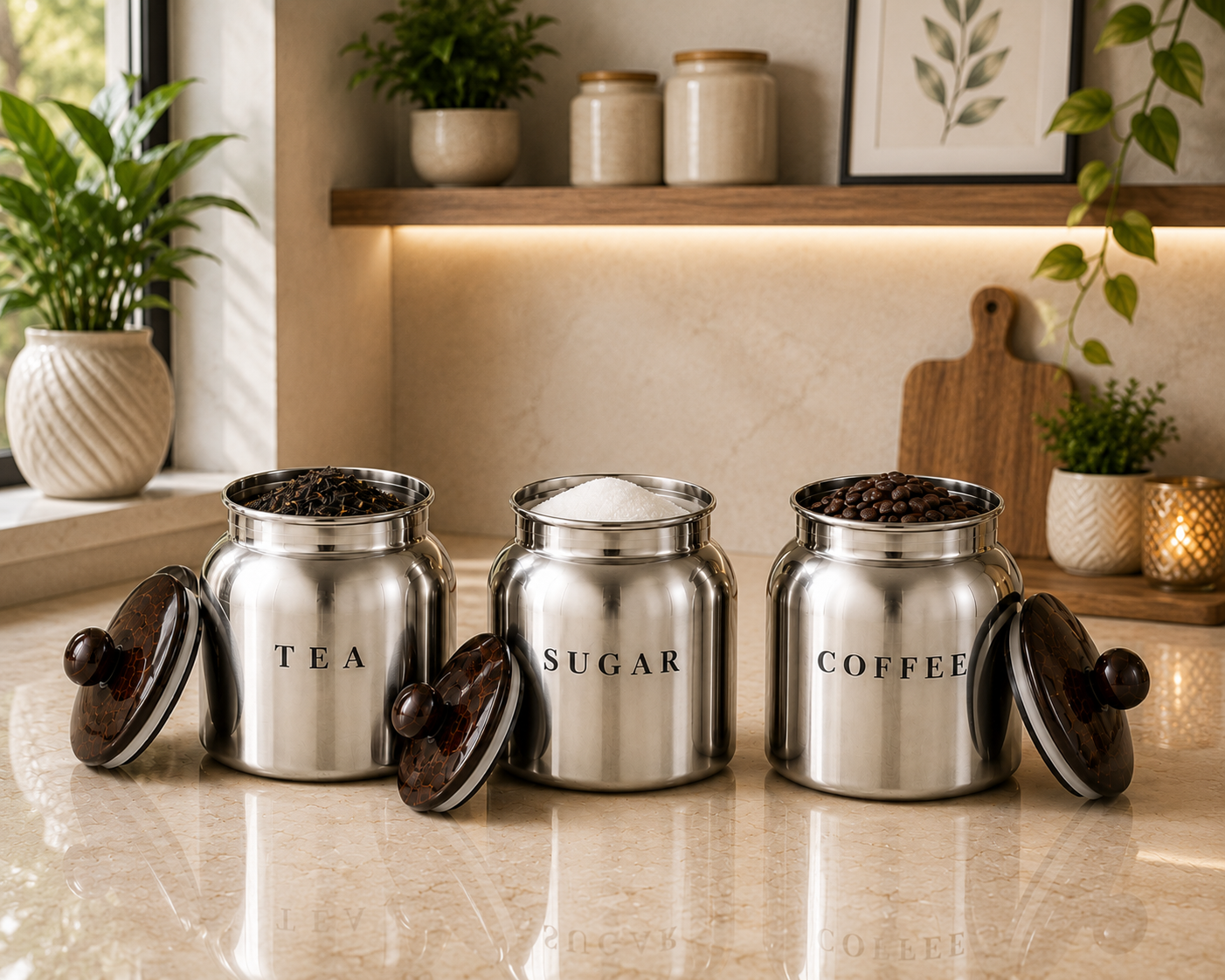 Premium Silver Metal Tea Sugar Coffee Canister Set with Wooden-Style Lids – Luxury Kitchen Countertop Storage for Pantry, Tea Station & Coffee Bar