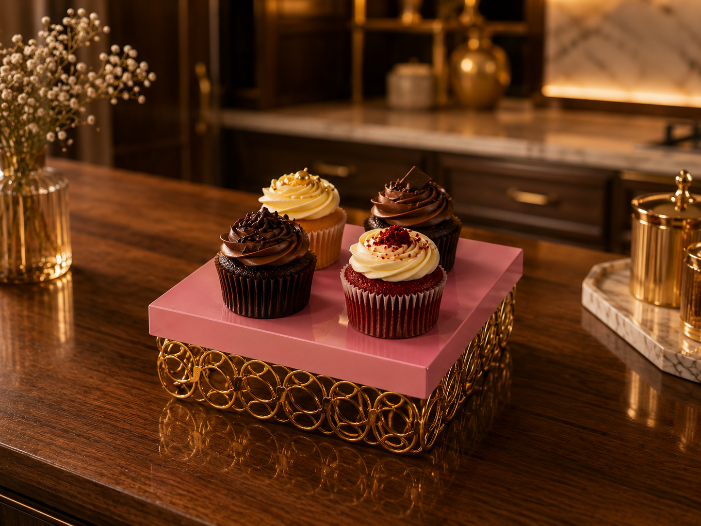 Pink Square Metal Cake Stand with Golden Ring Base – Premium Dessert Display Stand for Cake, Cupcakes, Sweets, Party & Table Decor