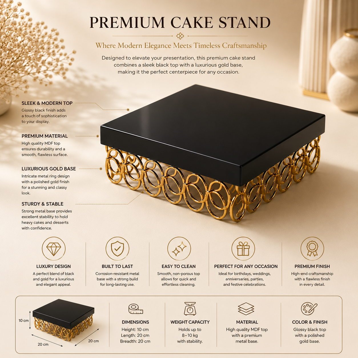 Black Square Metal Cake Stand with Golden Ring Base – Premium Dessert Display Stand for Cake, Cupcakes, Sweets, Party & Table Decor