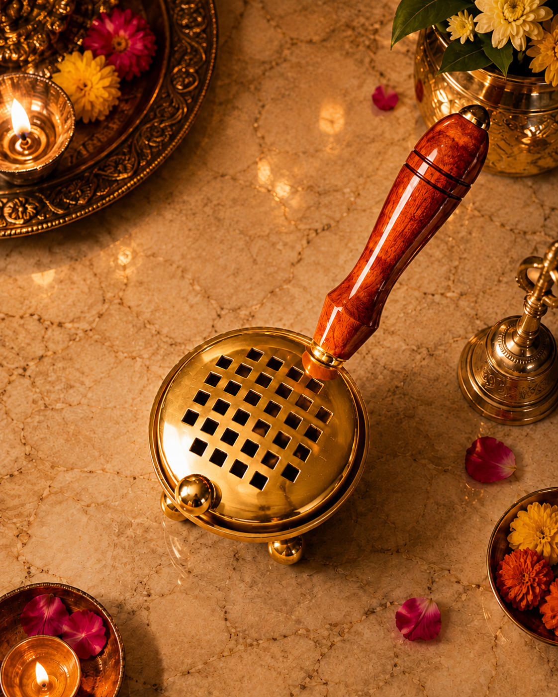 Gold Metal Loban Burner with Wooden Handle for Pooja, Bakhoor & Home Décor