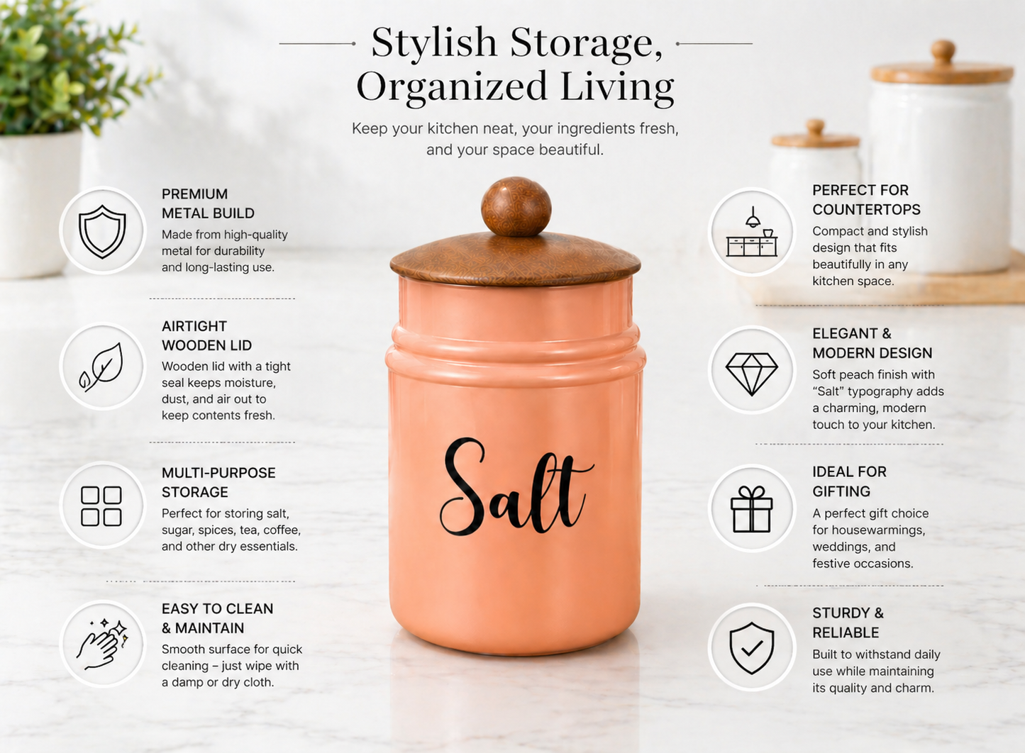 Pink Metal Storage Jar with Wooden Lid | Salt Container for Kitchen | Stylish Airtight Canister | Countertop Organizer | Modern Home & Kitchen Decor