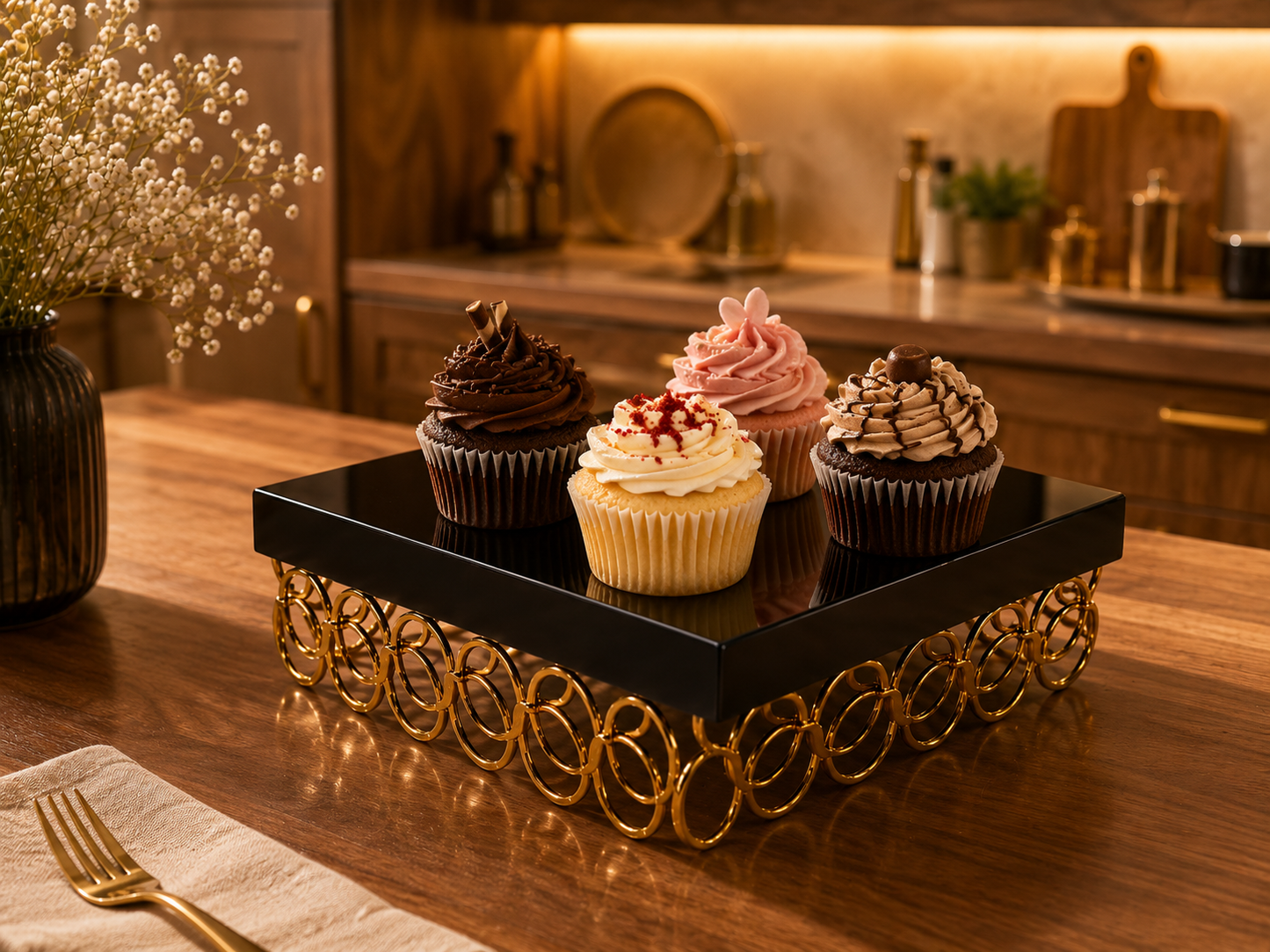 Black Square Metal Cake Stand with Golden Ring Base – Premium Dessert Display Stand for Cake, Cupcakes, Sweets, Party & Table Decor