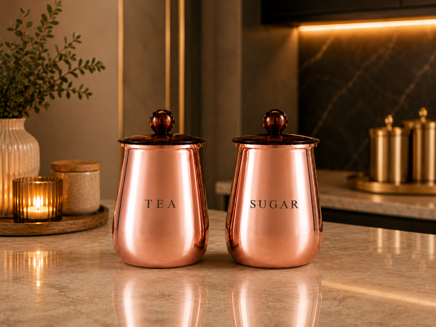 Premium Rose Gold Tea & Sugar Storage Containers with Removable Lids – Set of 2