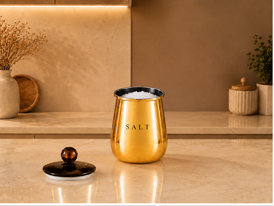 Premium Gold Metal Salt Storage Container with Decorative Knob Lid for Kitchen Counter