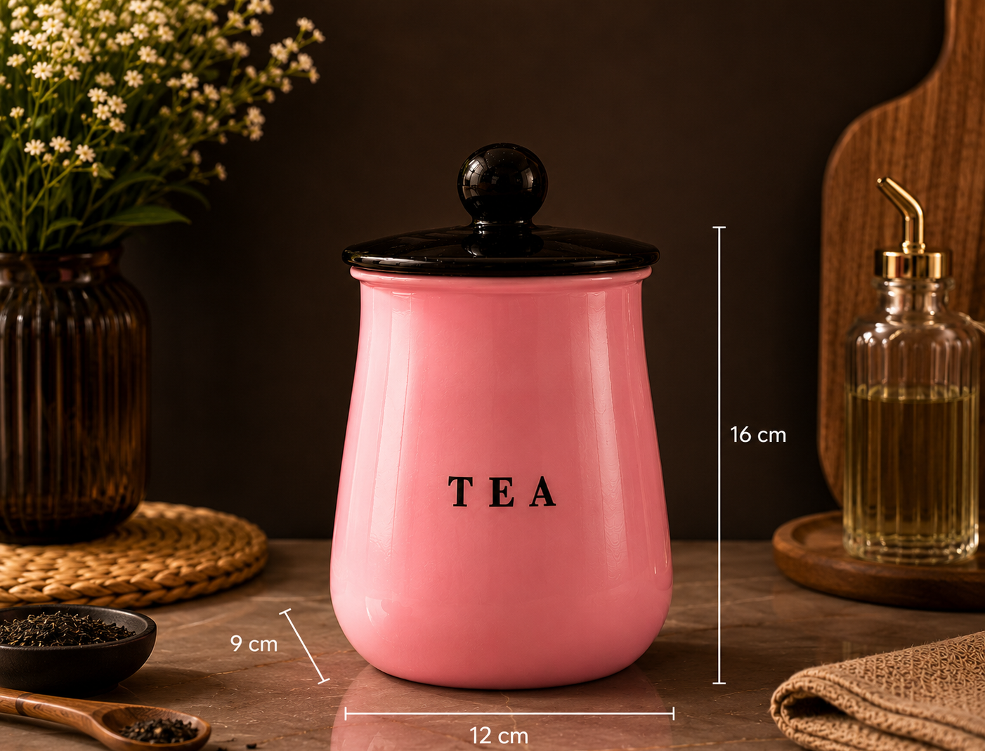 Glossy Pink Metal Tea Sugar Coffee Container Set with Black Lids – Premium Kitchen Storage Canisters for Countertop, Pantry & Coffee Station