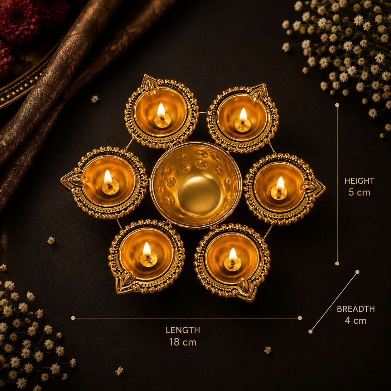 Luxury Golden Metal Diya Urli Set (Pack of 4) | Decorative Flower Urli Bowl with 6 Diyas | Diwali, Pooja & Festive Home Decor