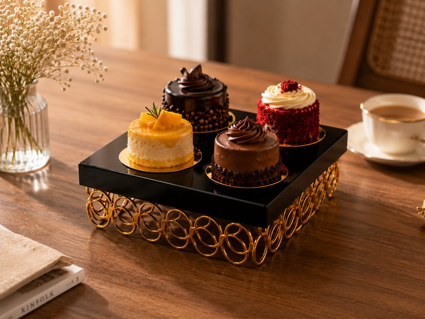 Black Square Metal Cake Stand with Golden Ring Base – Premium Dessert Display Stand for Cake, Cupcakes, Sweets, Party & Table Decor