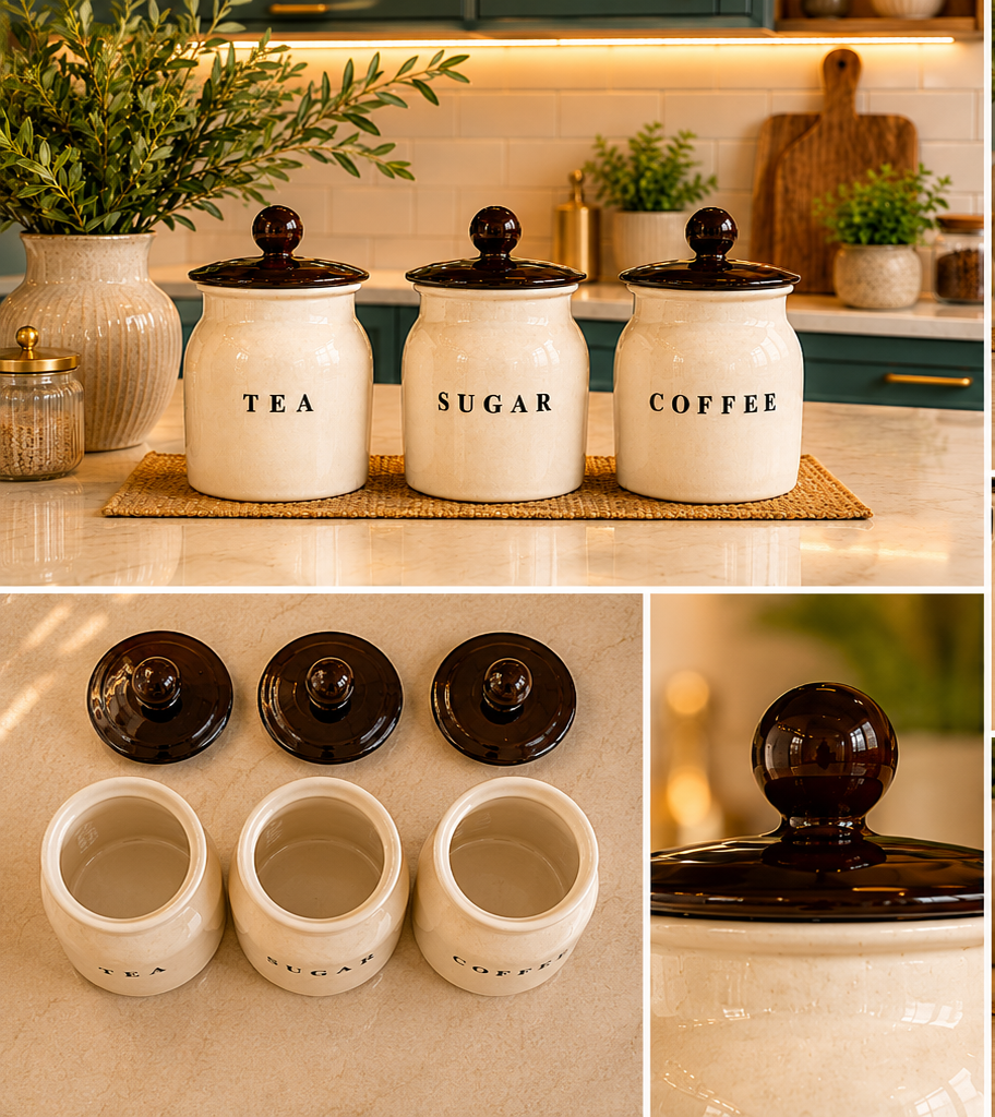 Metal Tea Sugar Coffee Container Set with Black Lids – Premium Kitchen Storage Canisters for Countertop, Pantry & Tea Coffee Station