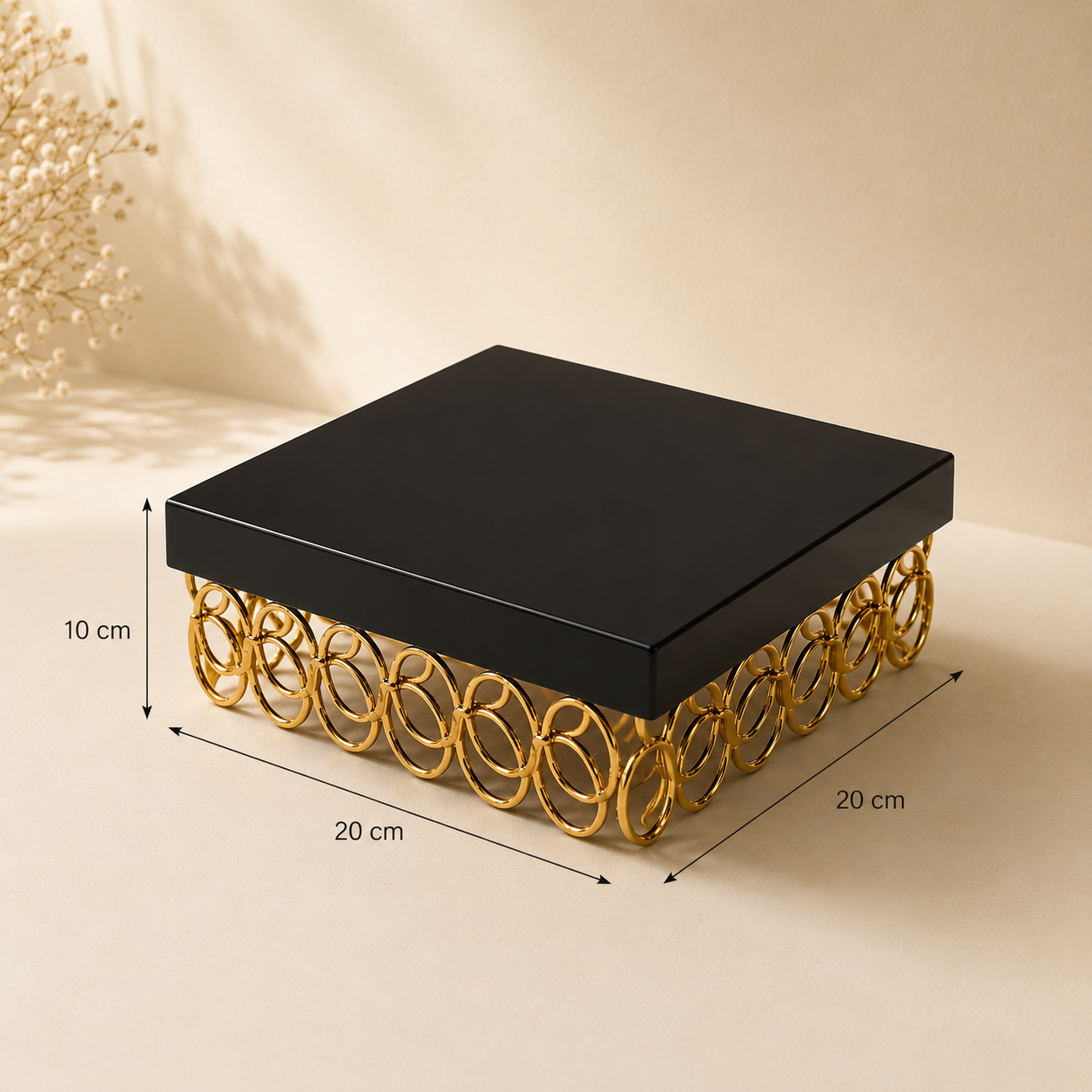 Black Square Metal Cake Stand with Golden Ring Base – Premium Dessert Display Stand for Cake, Cupcakes, Sweets, Party & Table Decor
